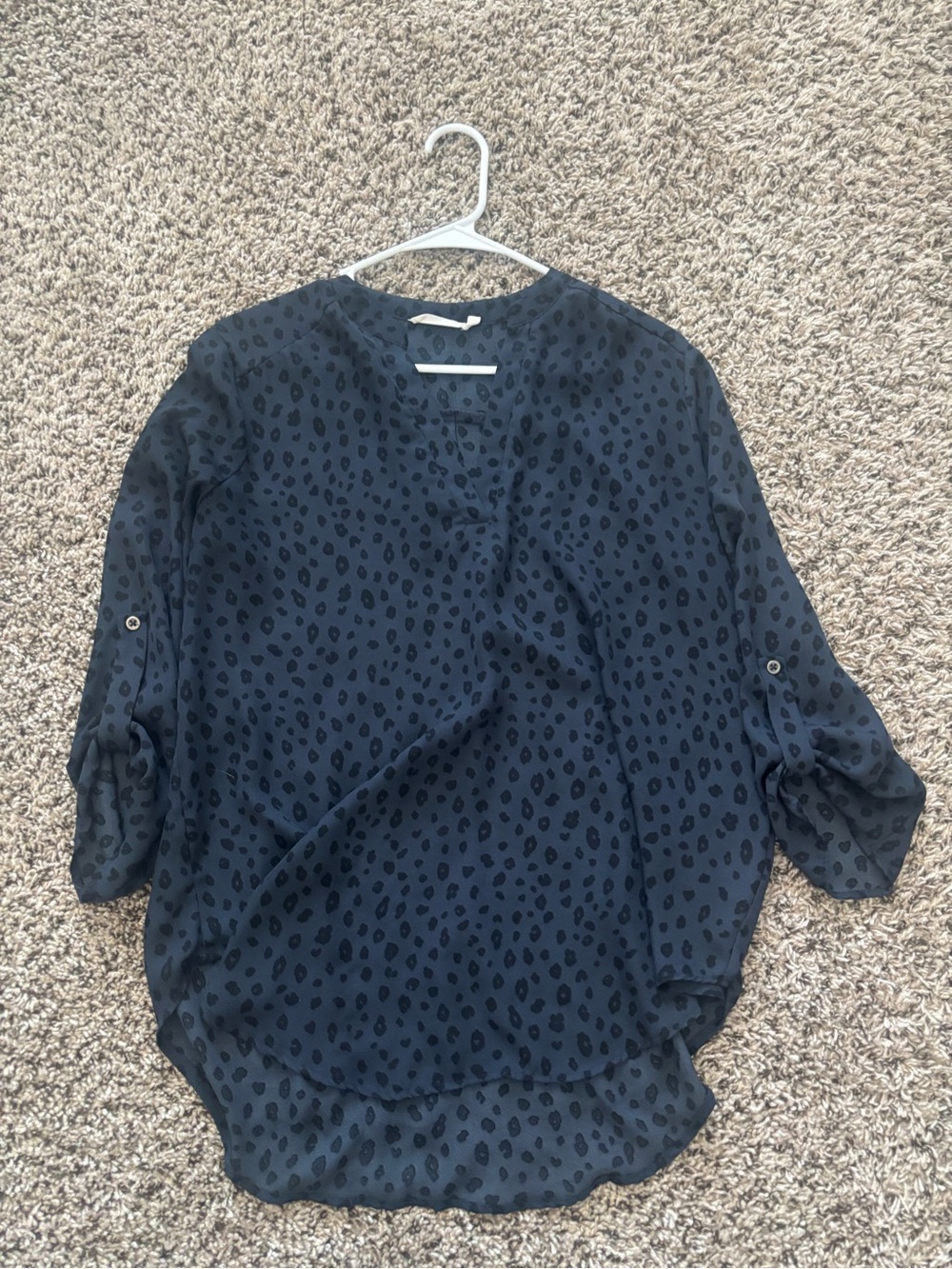 Lush Black Dot-Print Roll-Sleeve Blouse